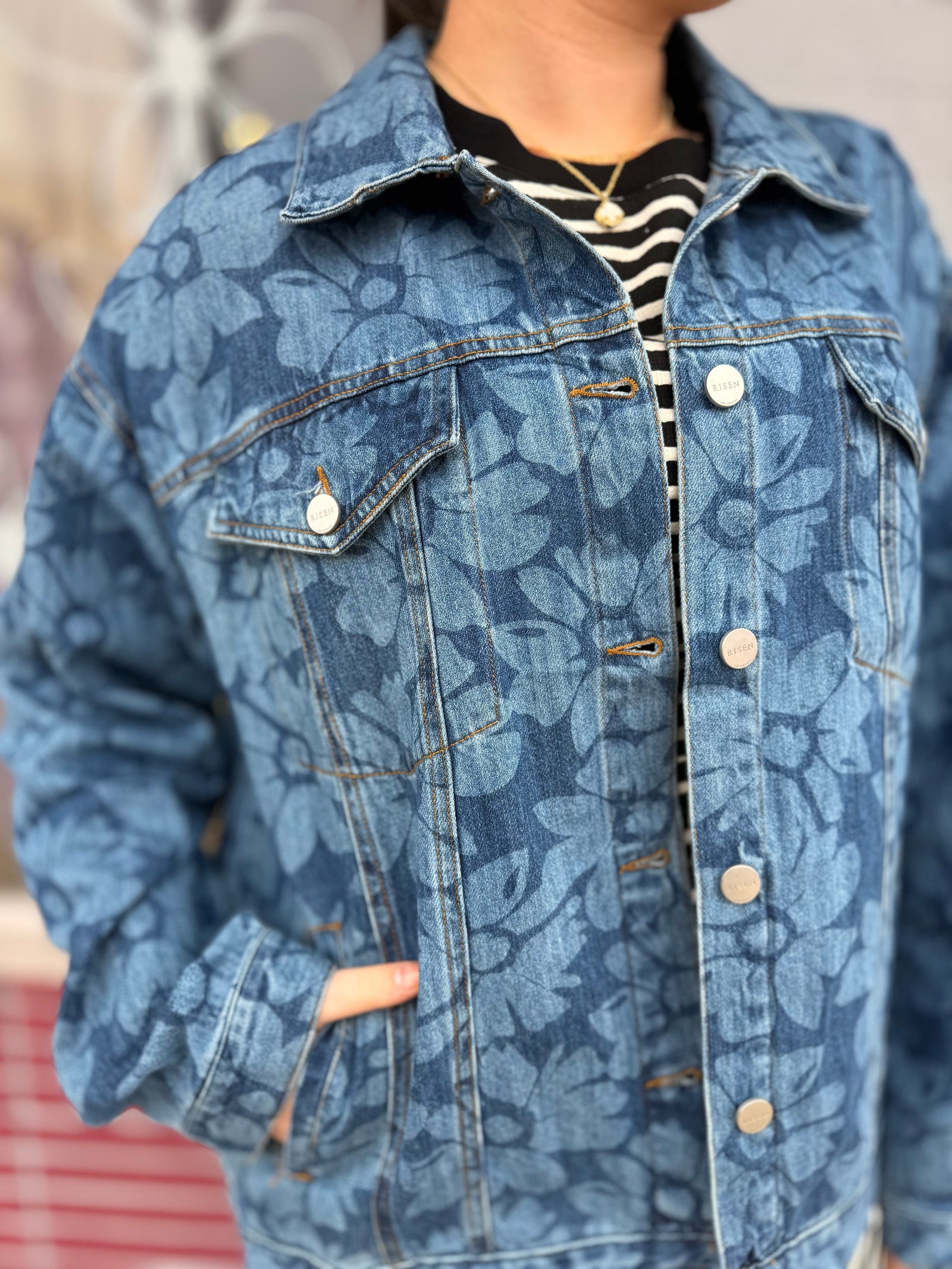 Risen Dark Wash Flower Print Boxy Denim Jacket
