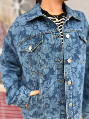 Risen Dark Wash Flower Print Boxy Denim Jacket