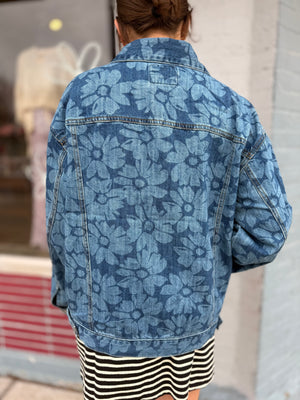 Risen Dark Wash Flower Print Boxy Denim Jacket