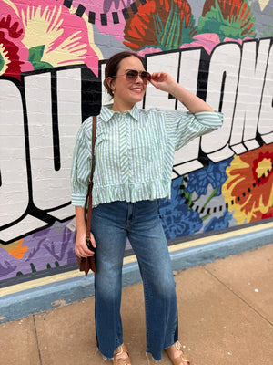 Hem & Thread Green Striped Button Baby Doll Top