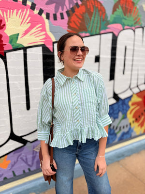 Hem & Thread Green Striped Button Baby Doll Top
