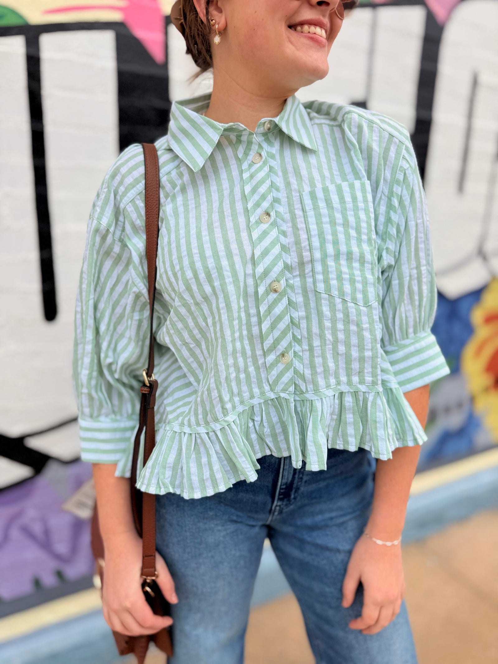 Hem & Thread Green Striped Button Baby Doll Top