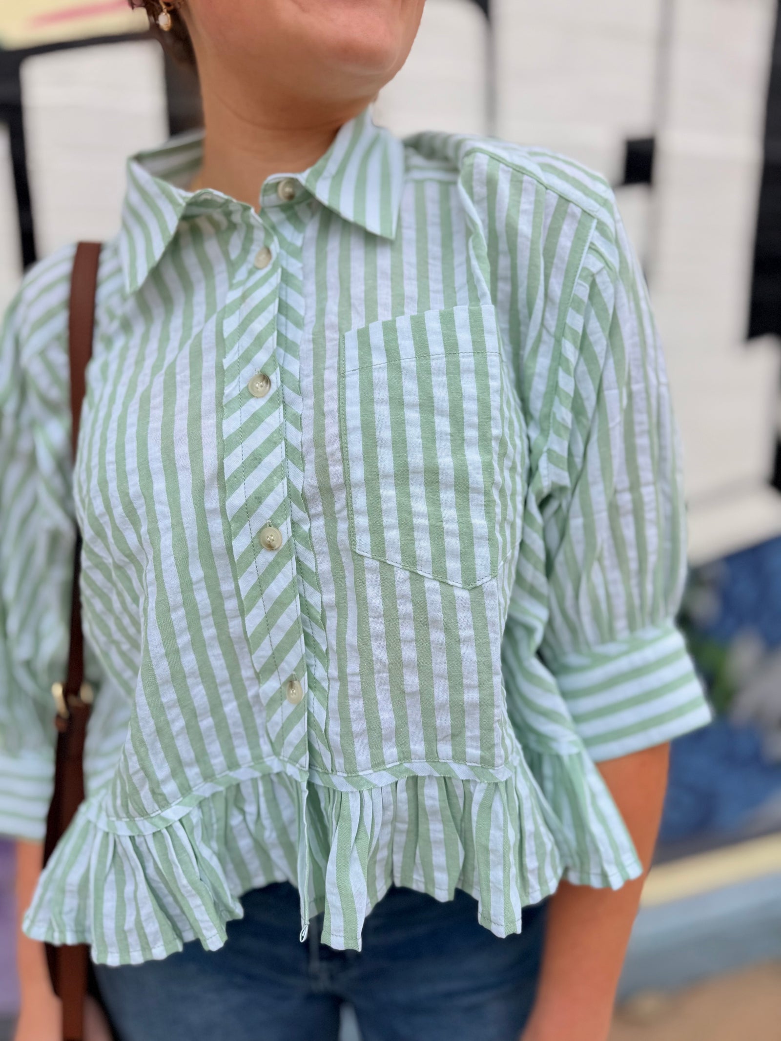 Hem & Thread Green Striped Button Baby Doll Top