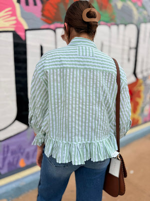 Hem & Thread Green Striped Button Baby Doll Top