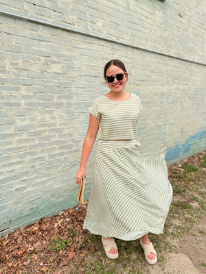 Blu Pepper Green Stripe High Waist Midi Skirt
