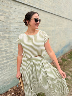 Blu Pepper Green Stripe High Waist Midi Skirt