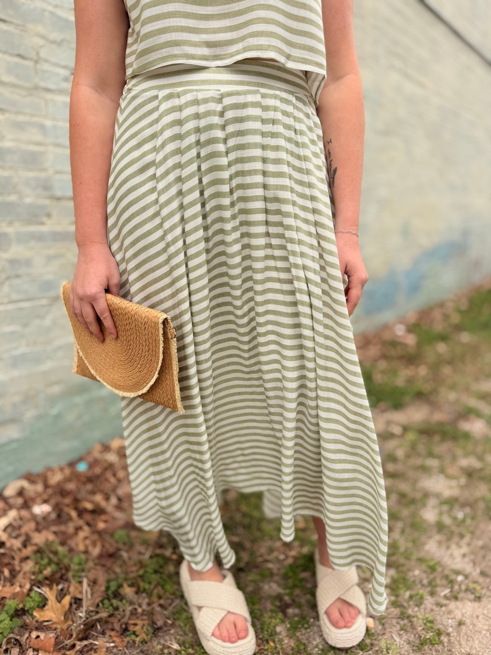 Blu Pepper Green Stripe High Waist Midi Skirt