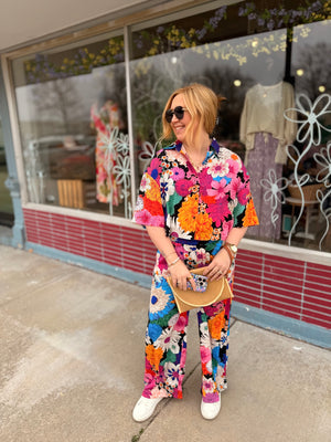 GigiO Bold Floral Cropped Button Up Boxy Top