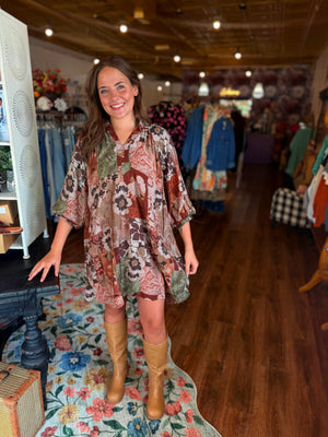 Umgee Brown Floral Puff Sleeve Dress w/ Button Down Detail