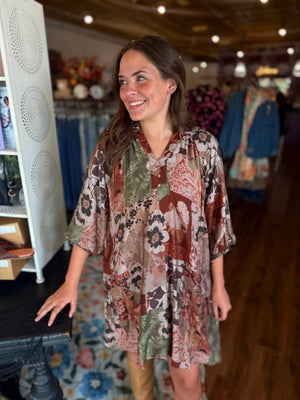 Umgee Brown Floral Puff Sleeve Dress w/ Button Down Detail
