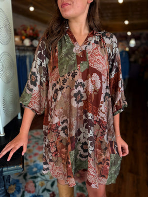 Umgee Brown Floral Puff Sleeve Dress w/ Button Down Detail