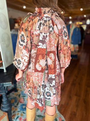 Umgee Brown Floral Puff Sleeve Dress w/ Button Down Detail