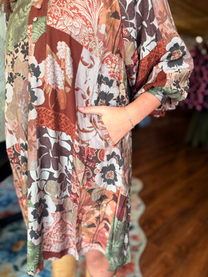Umgee Brown Floral Puff Sleeve Dress w/ Button Down Detail