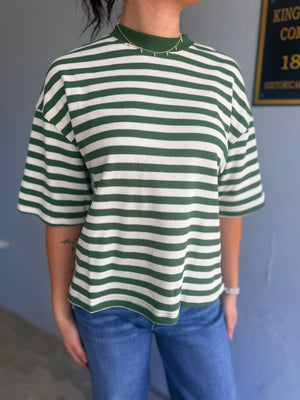 Entro Olive Stripe Short Sleeve Ribbed Knit Top