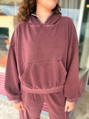 Blu Pepper Maroon Cropped Hooded Front Pocket Knit Top