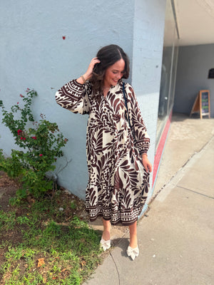 Very J Brown Tropical Leaf Print Midi Dress