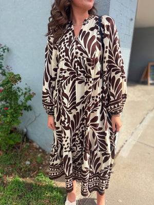 Very J Brown Tropical Leaf Print Midi Dress
