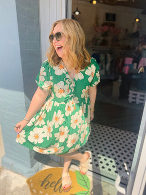 She & Sky Green Floral Puff Sleeve Baby Doll Dress