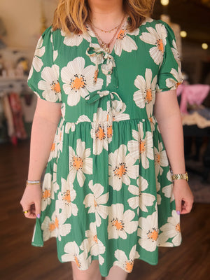 She & Sky Green Floral Puff Sleeve Baby Doll Dress