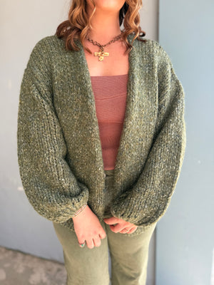 Listicle Olive Balloon Sleeve Knit Cardigan