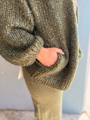 Listicle Olive Balloon Sleeve Knit Cardigan