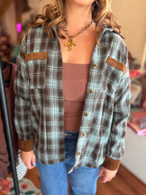 Staccato Blue + Brown Corduroy Brushed Plaid Shacket