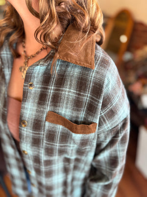 Staccato Blue + Brown Corduroy Brushed Plaid Shacket