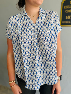 She & Sky Blue Printed Collared Top