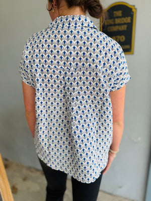 She & Sky Blue Printed Collared Top