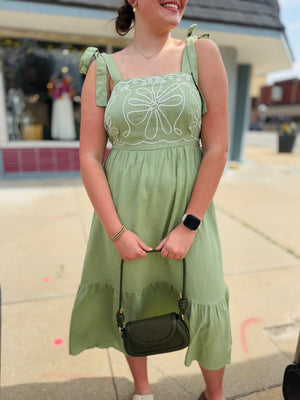 Very J Sage Embroidered Top Midi Dress w/ Tie Straps