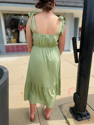 Very J Sage Embroidered Top Midi Dress w/ Tie Straps