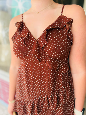 Very J Mocha Polka Dot Ruffled Mini Dress