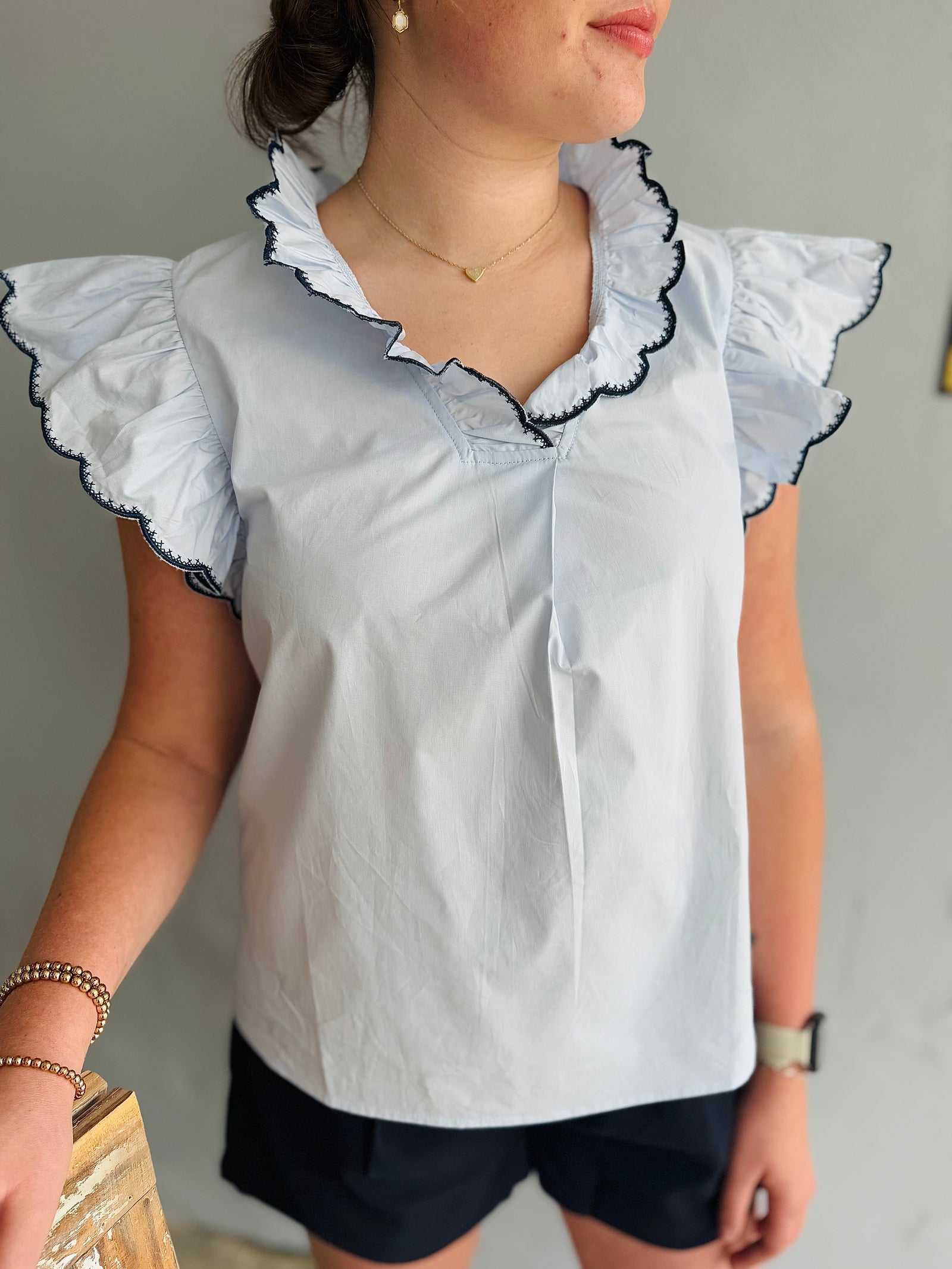 She & Sky Light Blue Ruffle Sleeve Top