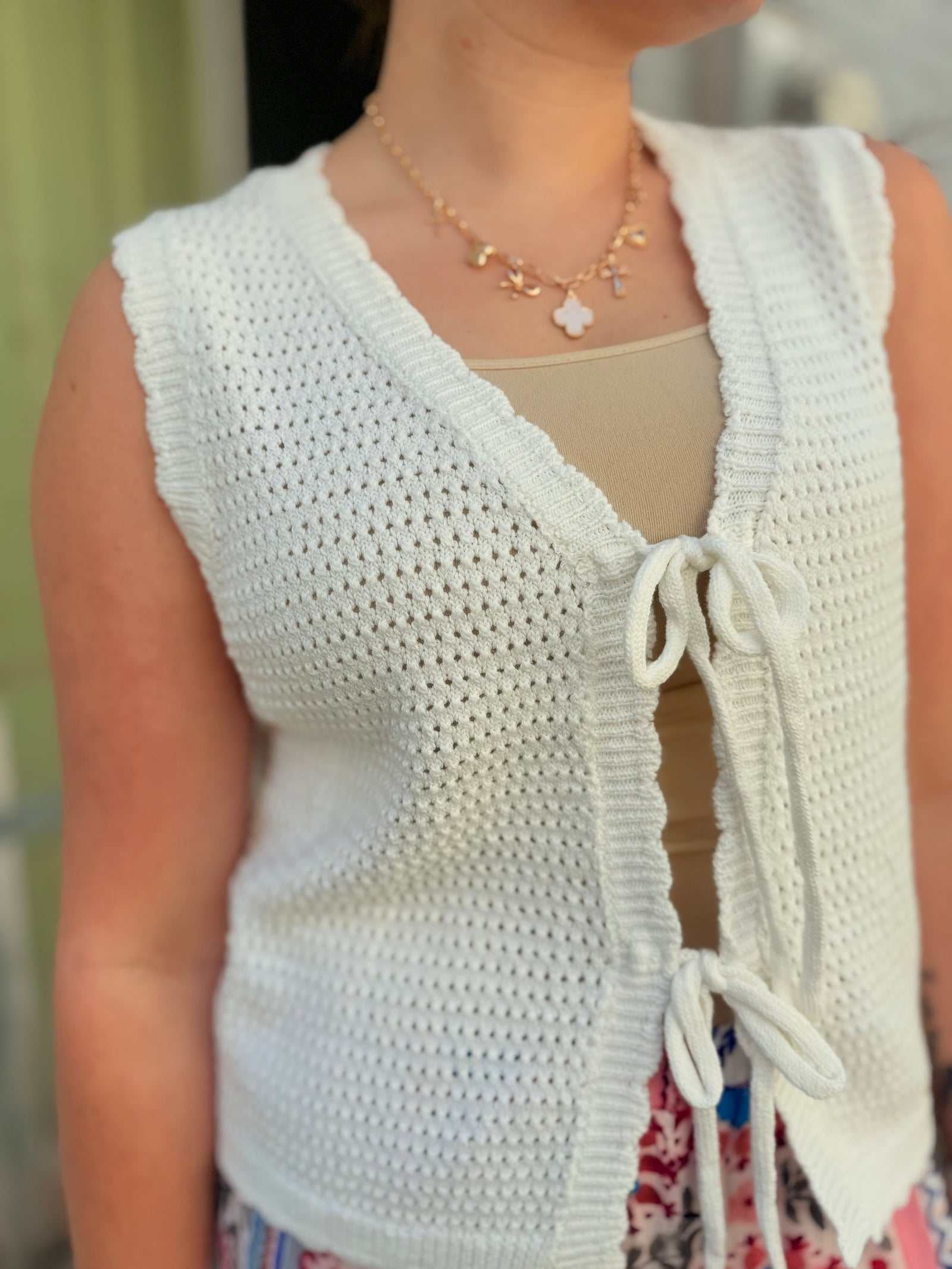 Staccato White Crochet Vest w/ Ties