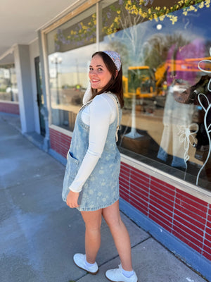 Blu Pepper Dandelion Print Denim Overall Mini Dress