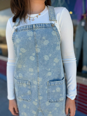 Blu Pepper Dandelion Print Denim Overall Mini Dress