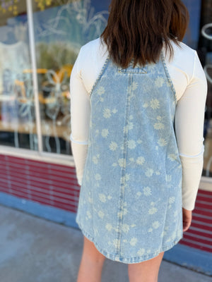 Blu Pepper Dandelion Print Denim Overall Mini Dress