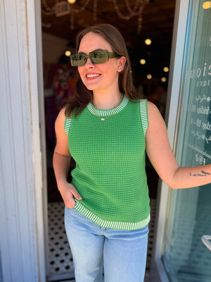 Staccato Green Knit Sleeveless Sweater w/ White Stripe Hem