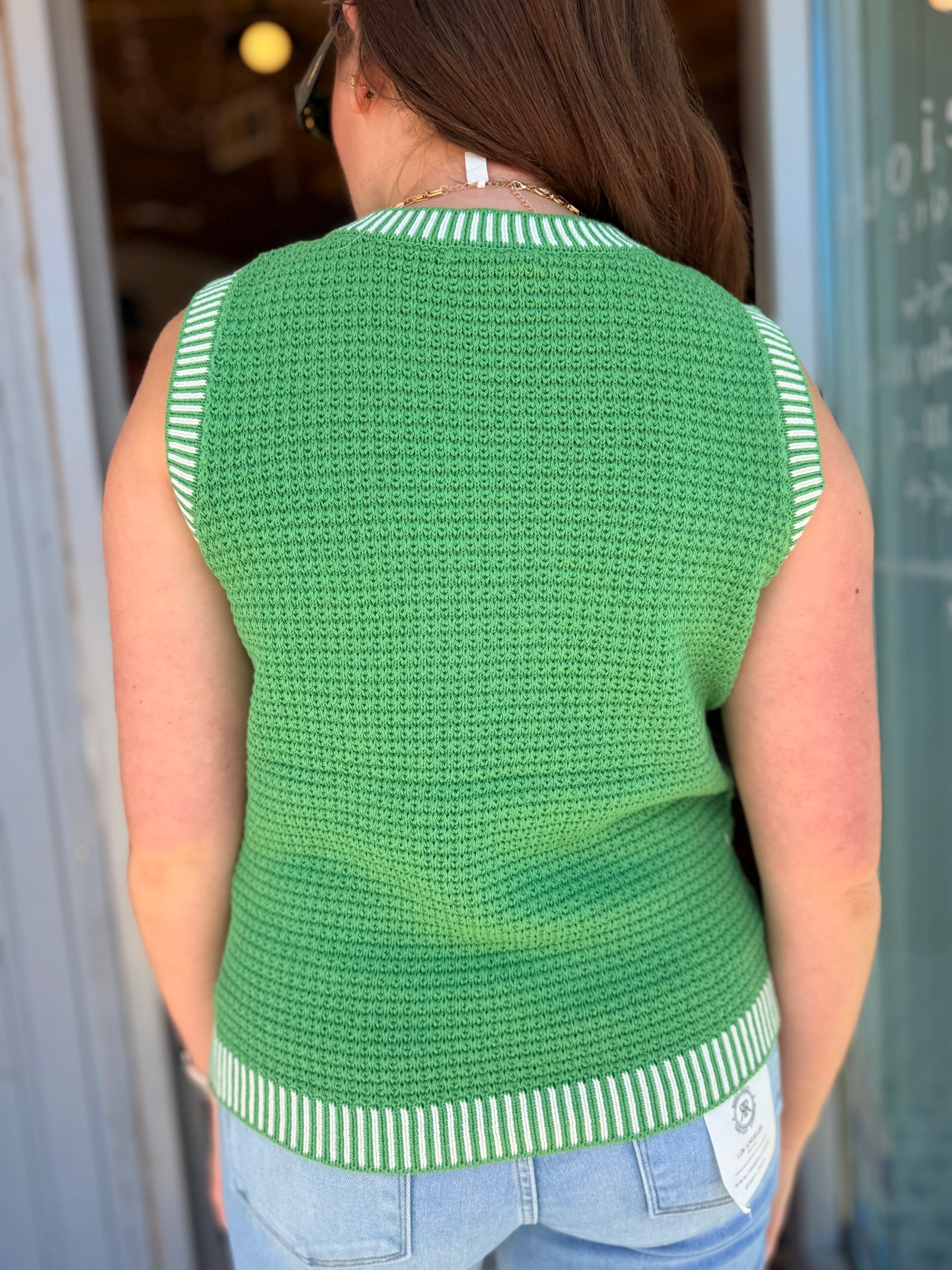 Staccato Green Knit Sleeveless Sweater w/ White Stripe Hem