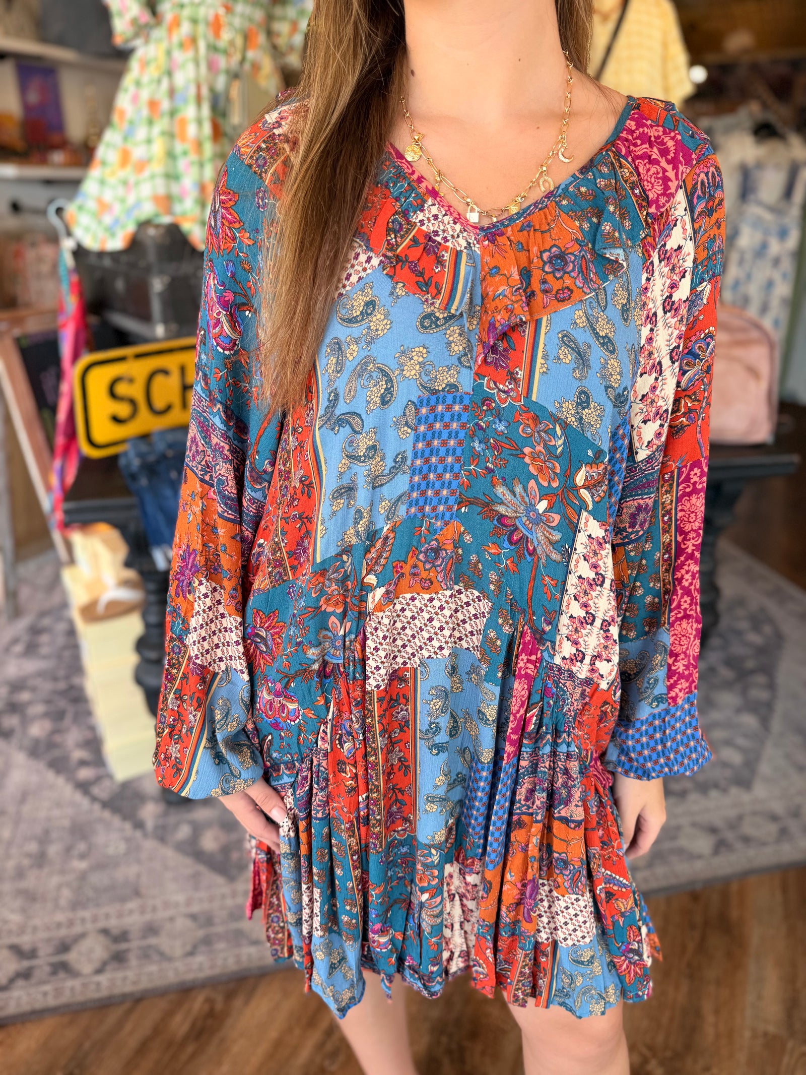 Easel Rust + Teal Patchwork Flowy Long Sleeve Dress