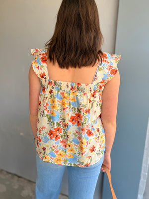 Staccato Vibrant Floral Square Neck Top w/ Ruffle Straps