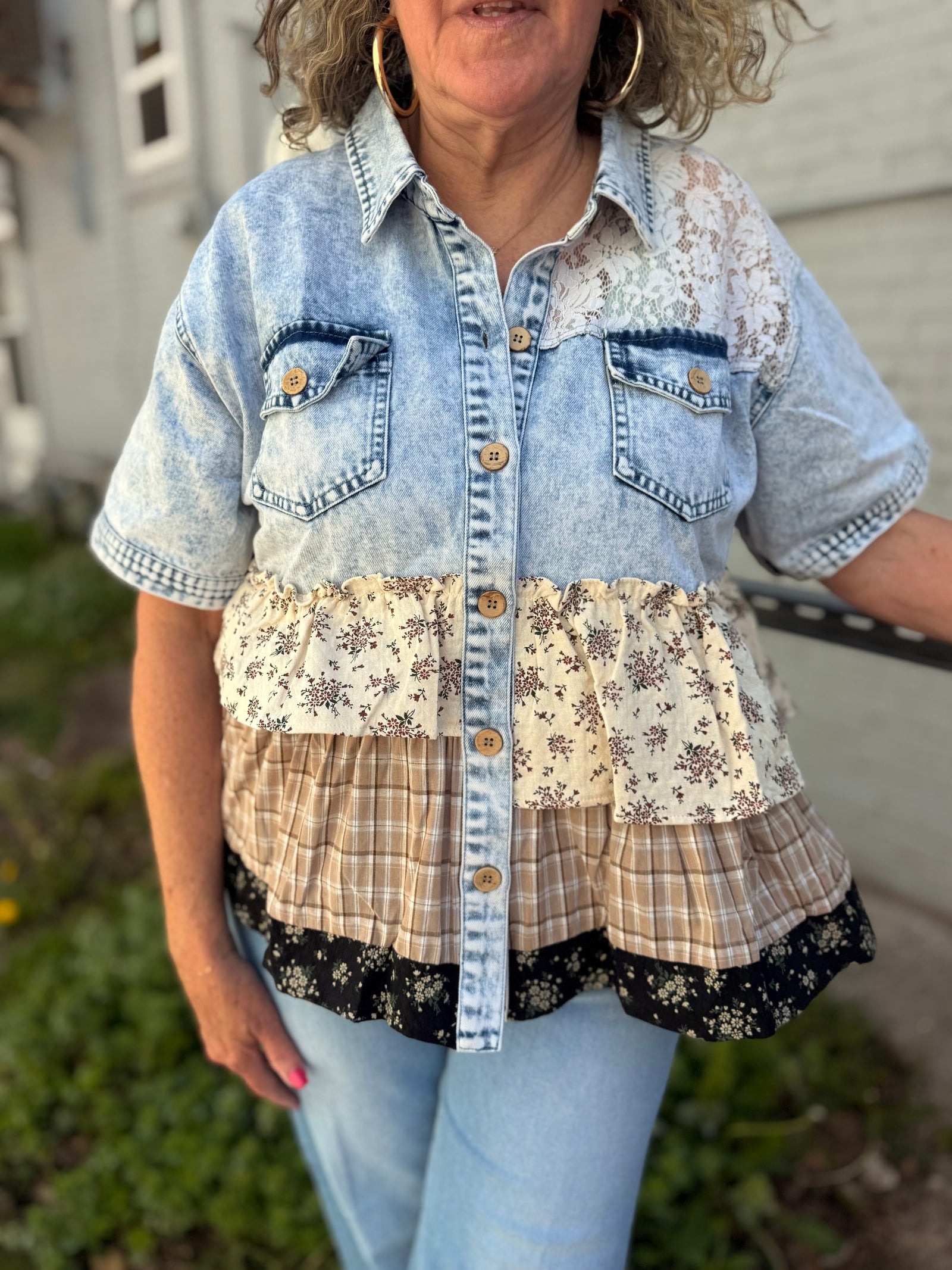 Hem & Thread Floral Frilled Patchwork Short Sleeve Denim Jacket