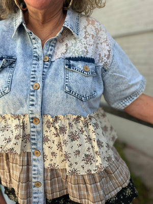 Hem & Thread Floral Frilled Patchwork Short Sleeve Denim Jacket