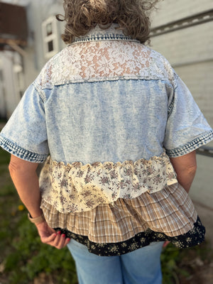Hem & Thread Floral Frilled Patchwork Short Sleeve Denim Jacket
