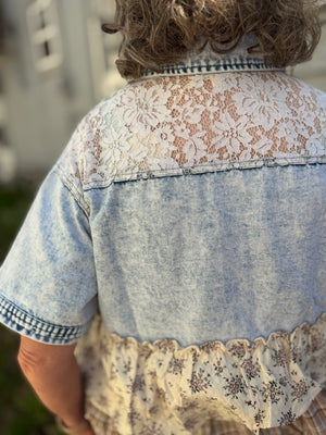 Hem & Thread Floral Frilled Patchwork Short Sleeve Denim Jacket